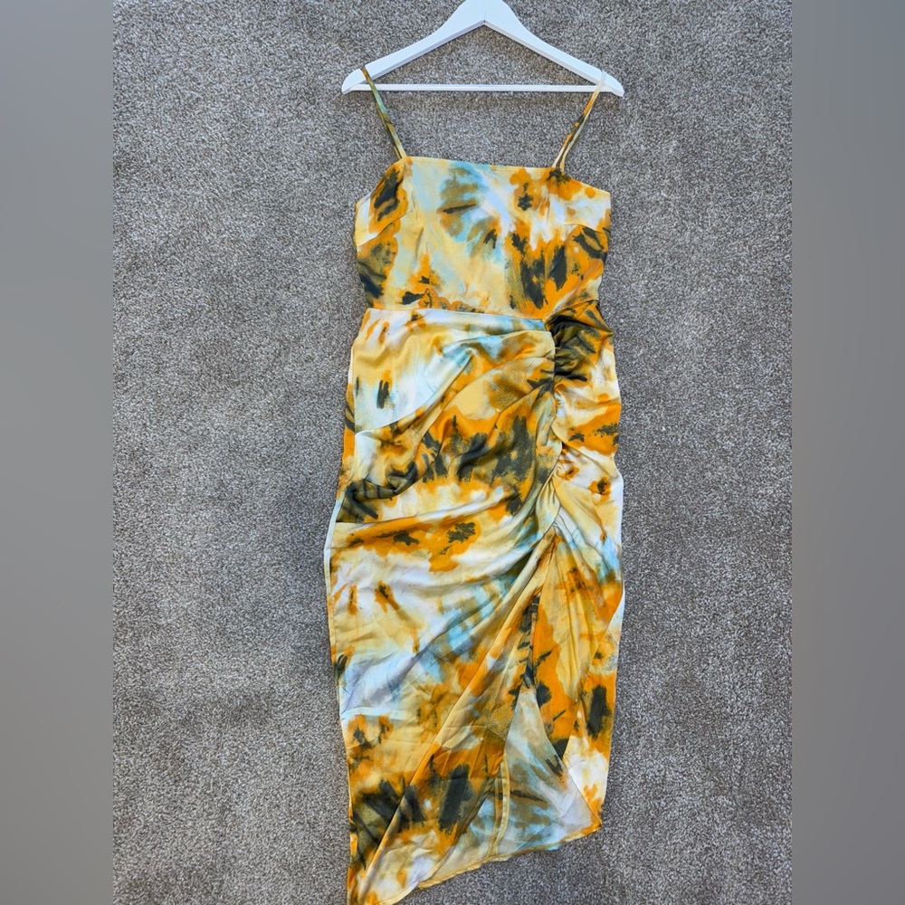 Yellow Satin Tie Dye Print Ruched Maxi Dress - Ensley